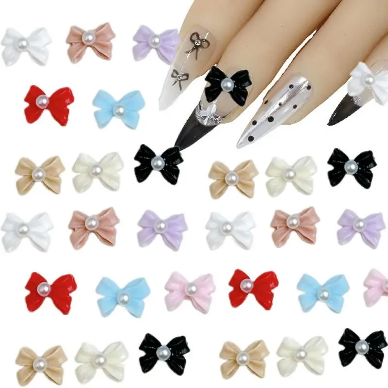 20PCS 솔리드 컬러 진주 Bowknots 네일 매력 3D 미니멀리스트 광택 넥타이 수지 네일 아트 장식 DIY 머리핀 손톱 장식품