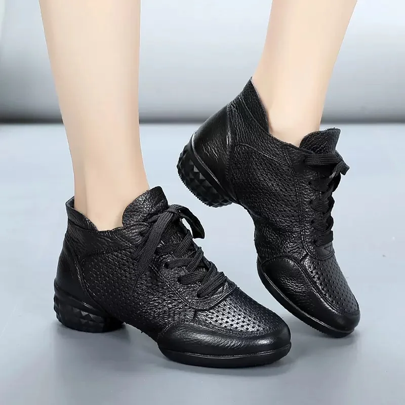 Dance Shoes Women's Square Dance Shoes Leather Soft Sole Modern Jazz Dance Shoes Hollow Female Sailor Breathable Sneakers