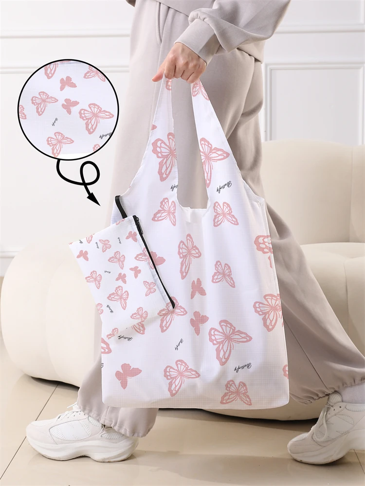 Ladies' Foldable Pink Butterfly Pattern Large Shopping Bag Foldable Storage Reusable Easy to Carry Capacity Handbag