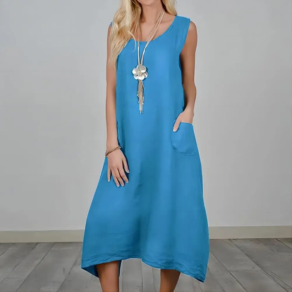 

Irregular Hem Vest Dress Summer Beachwear Long Dress with Irregular Hem Double Big Pockets for Women Solid Color Dress