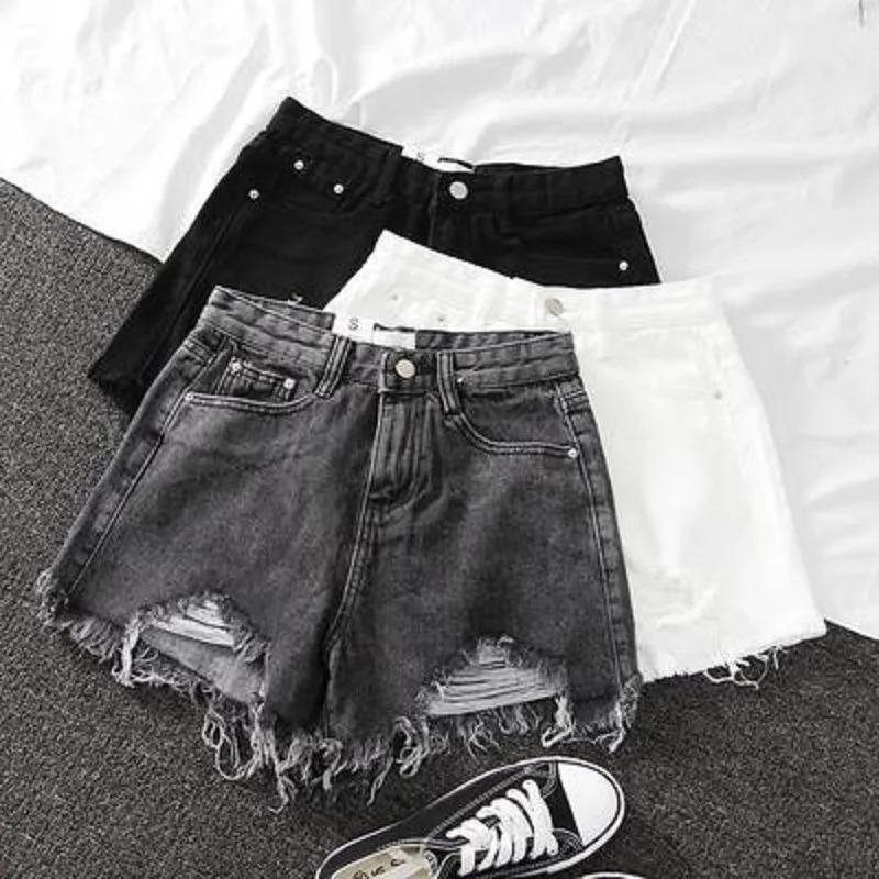 

Korean Fashion Summer Shorts Women Hole High Waist Short Jeans Burrs Female Build A Word Torn Wide-Legged Short Pants Streetwear