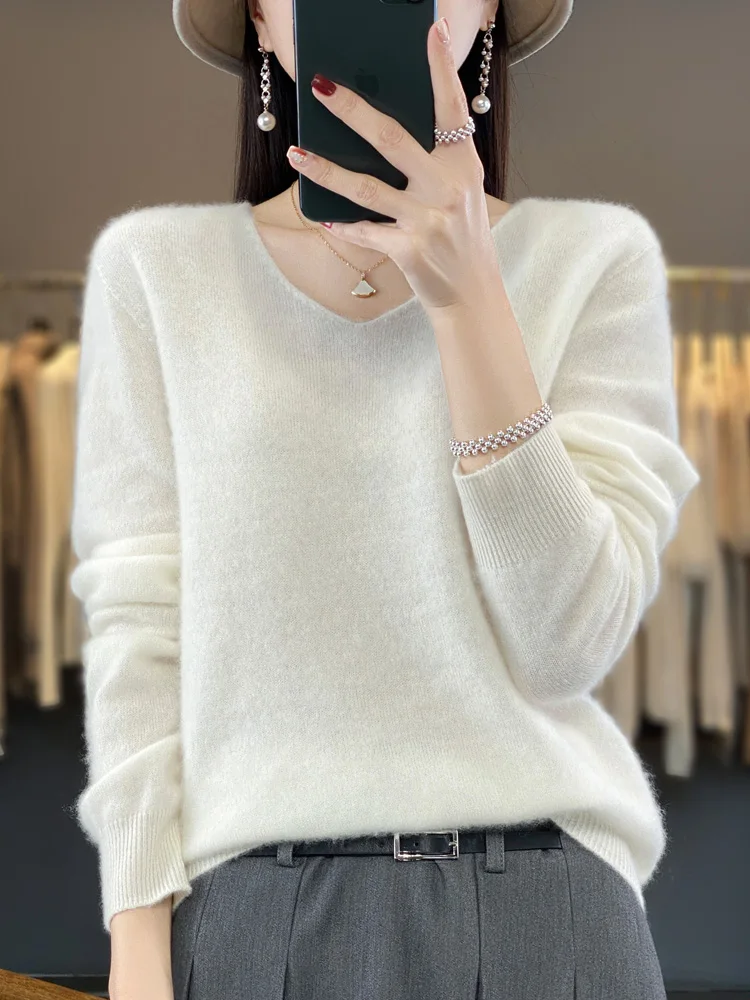 여성용 양모 스웨터, V넥 풀오버, 긴팔 상의, 100% 메리노 양모 용수철, 가을 캐시미어 니트웨어 의류, 신상