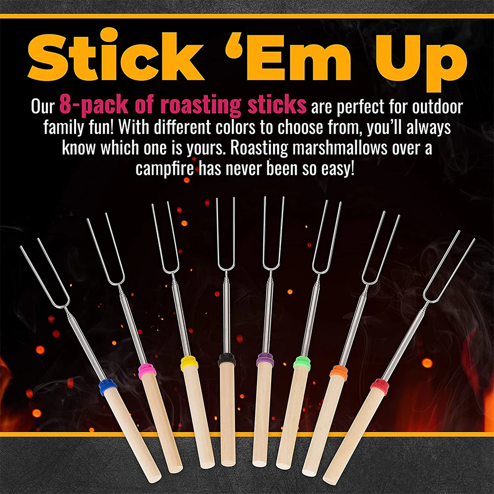 8 pcs Barbecue Skewers Extendable Marshmallow Roasting Sticks Stainless Steel BBQ Telescoping Smores Skewers KC0467