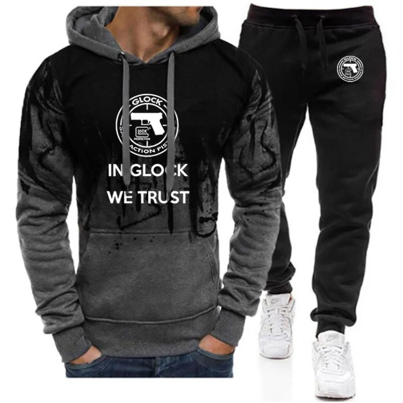 2023 Glock pistol American logo men's Harajuku sweater hooded+pants two-piece sportswear gradient hooded casual sweatpants suit