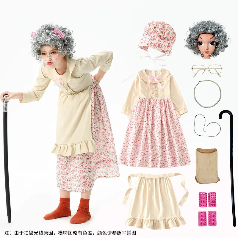 Cosplay Costume Halloween Great grandma cosplay older dress performance costume Kid Halloween with wig glasses