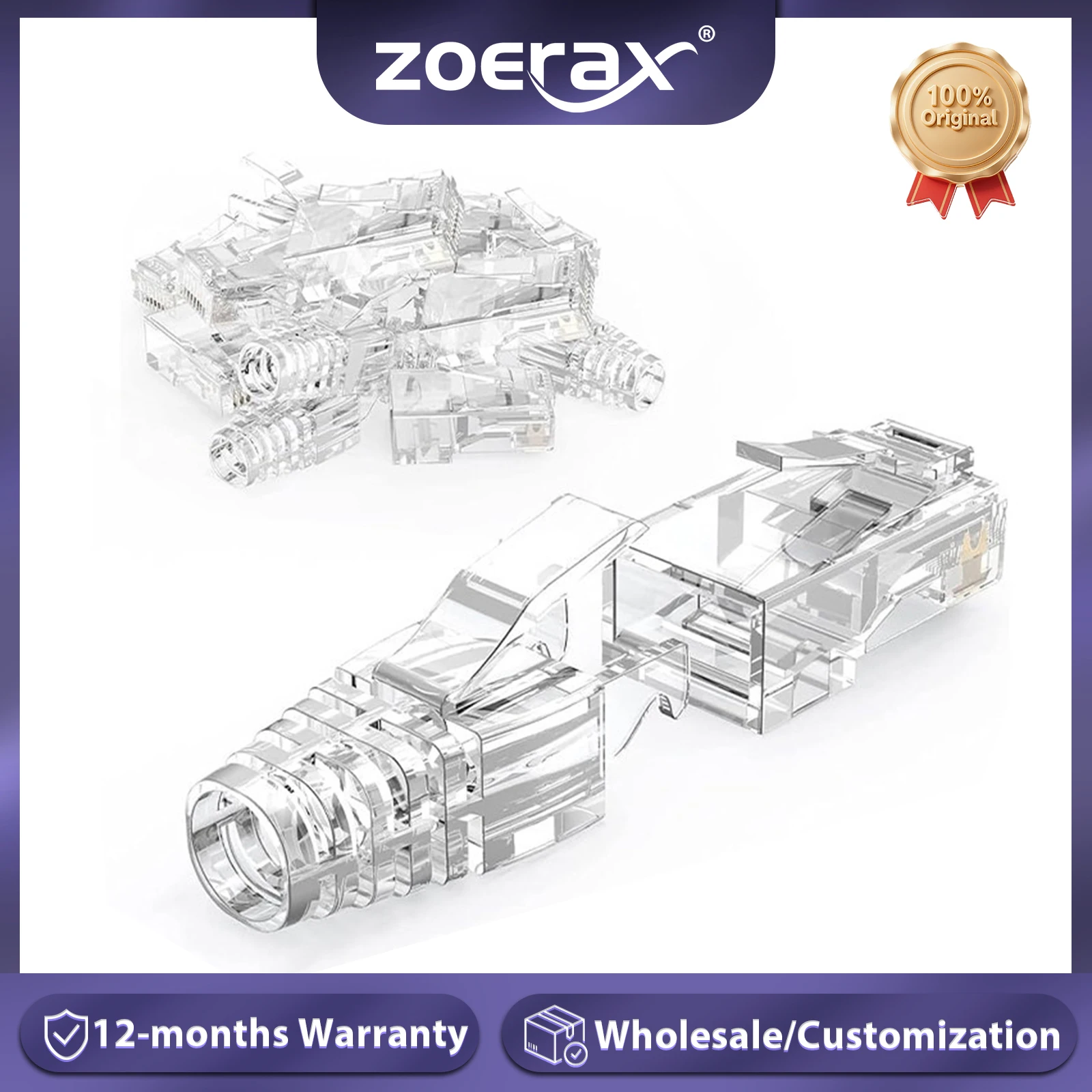 ZoeRax RJ45 Cat6 Pass Through Connectors and Strain Relief Boots, EZ to Crimp Modular Plug for Solid or Stranded Network Cable