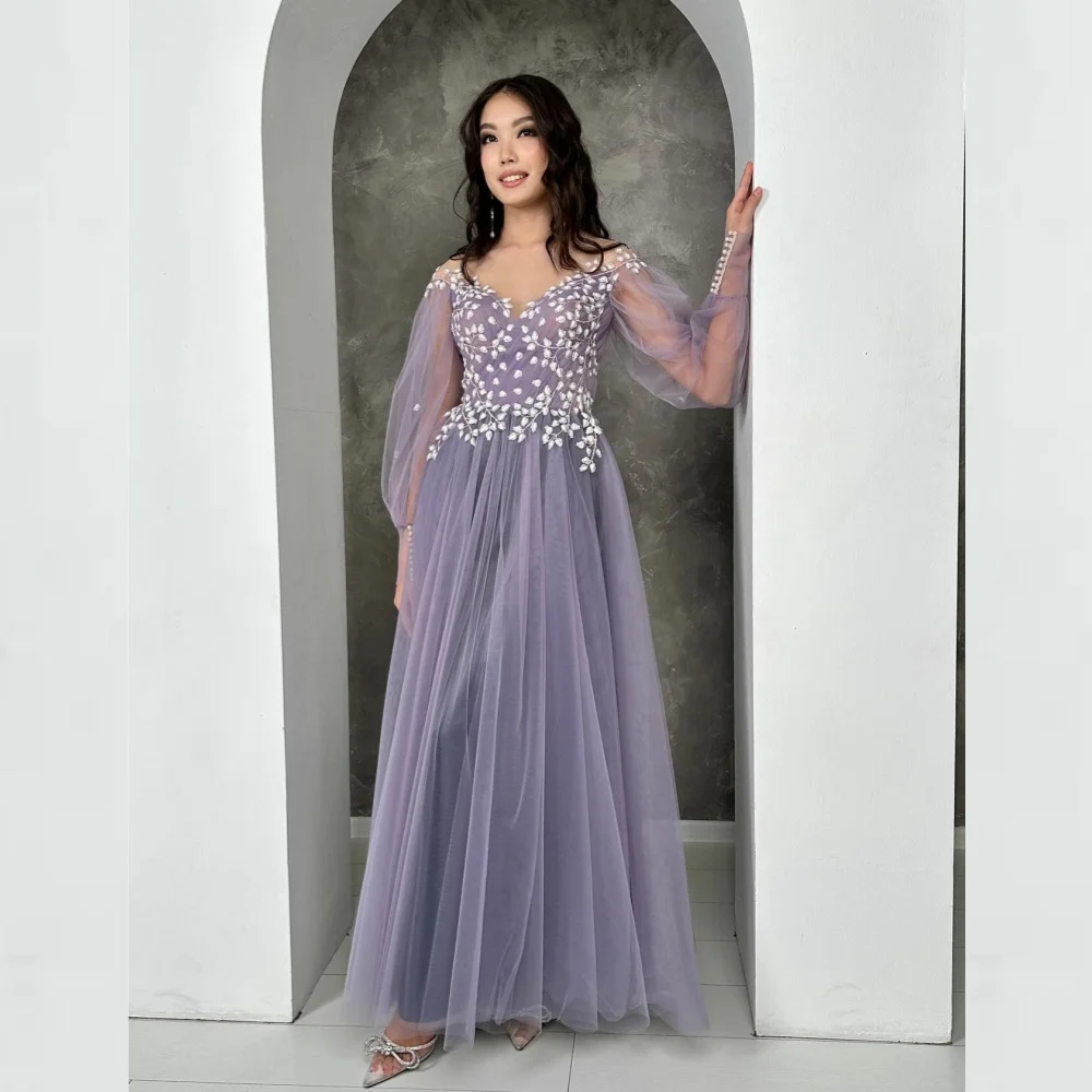 

Tulle Applique Draped Pleat Party A-line Off-the-shoulder Bespoke Occasion Gown Long Dresses