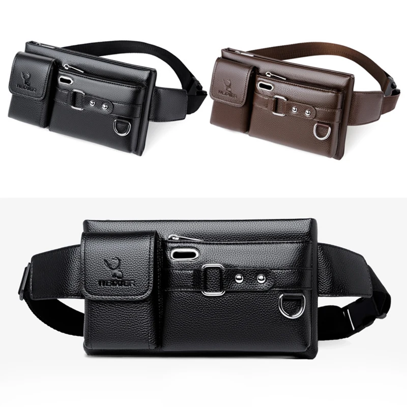 

2023 New Outdoor Multilayer Waistpack Business Famous Brand Pu Leather Shoulder Messenger Bags Male Travel Organizer Belt Bag