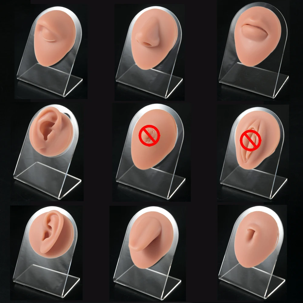 1PC Soft Silicone Piercing Model for Tattoo Puncture Practice Tool Black Skin White Brown Color Model with Stand Jewelry Display