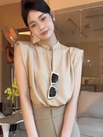 Camisas De Mujer 2025 femmes Blouses col en v sans manches chemises tempérament couleur unie culture hauts été Vintage tout Match Blouse 3