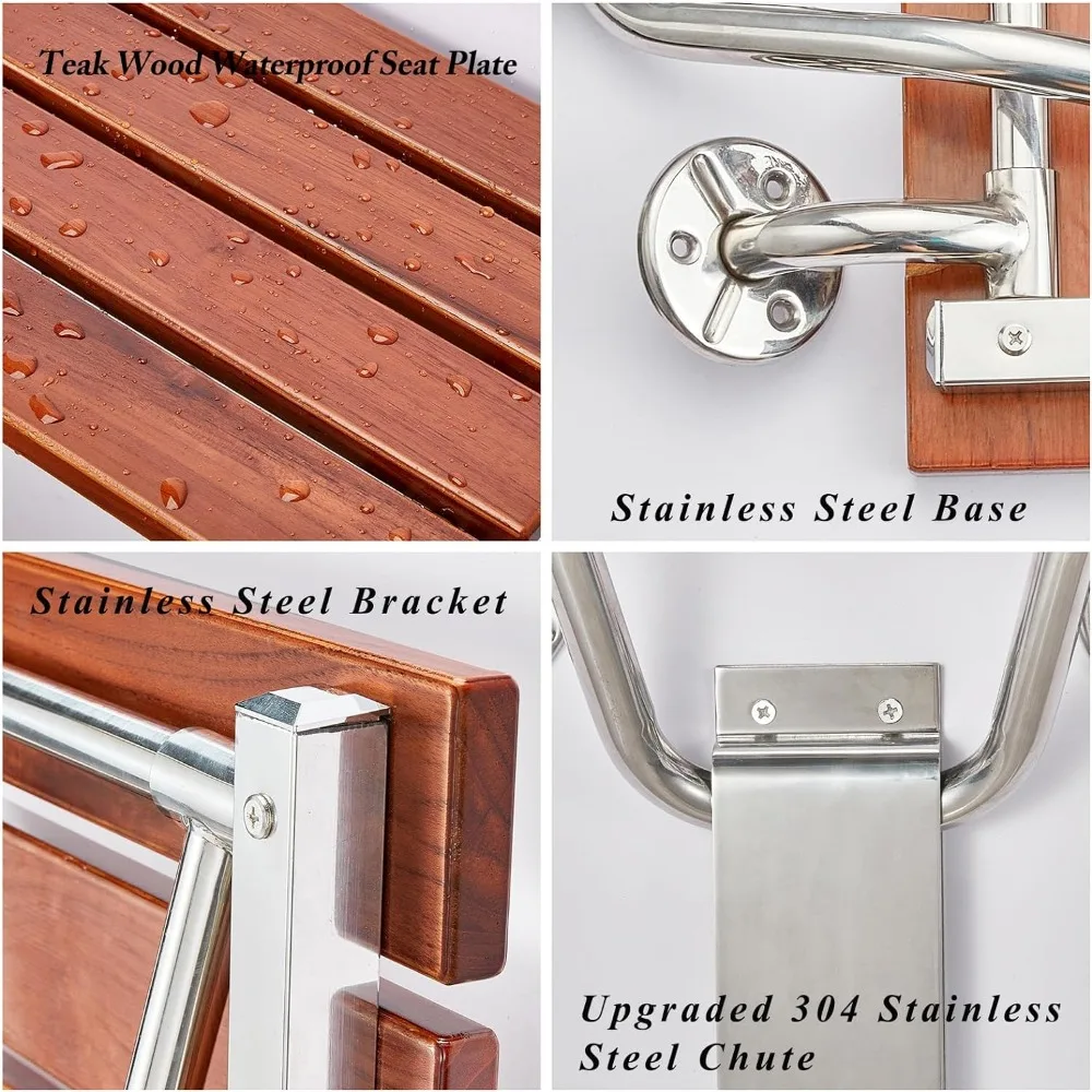 Folding Shower Seat and Bench Wall Mounted Shower Stool Collapsible for Inside Shower Bathroom Bathtub 350lb Capacity Teak Wood 3