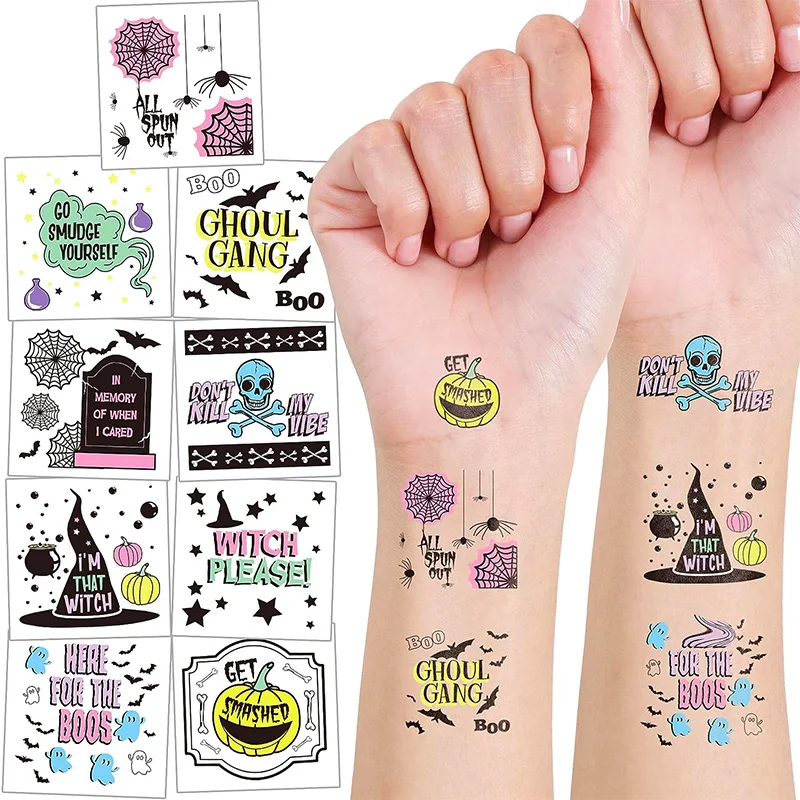 

108Pcs Halloween Kulls Witch Hats Ghosts Tomb Temporary Tattoo Stickers Pumpkin Spiderweb Halloween Party Gifts for Kids Favors