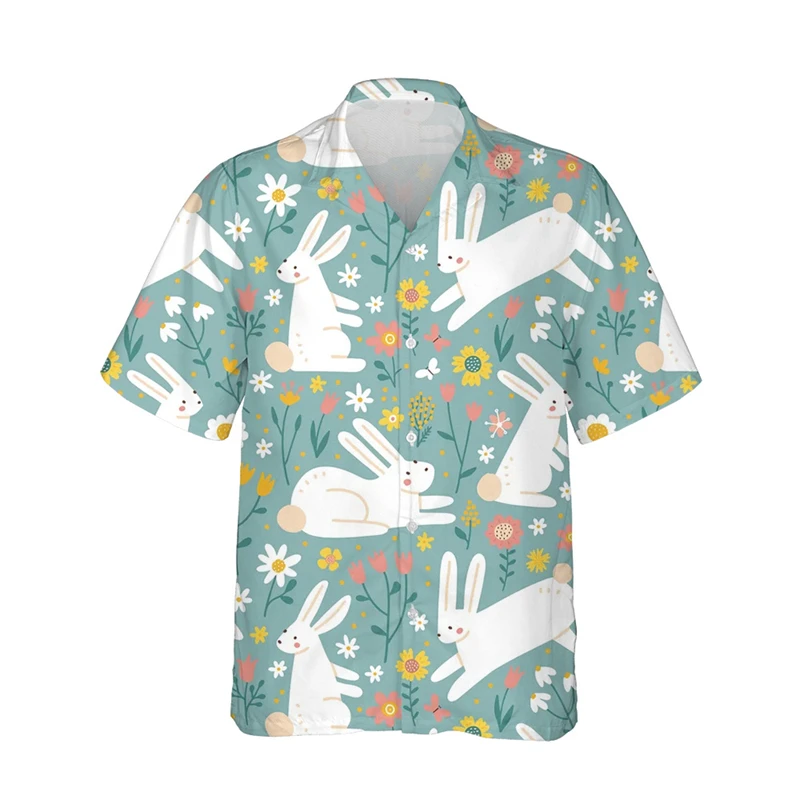 Summer Breathable Rabbit 3d Print Trendy Cool Fashion Hawaiian Shirts Beach Party Tops Short Sleeves Blouses Men's 6XL