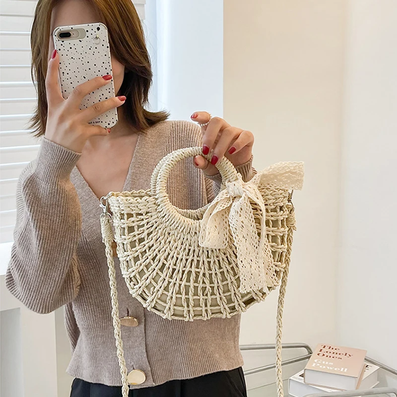 Handmade Half-Round Rattan Woven Straw Crossbody Bag Summer Beach Travel Shoulder Bags Bohemia Small Handbag For Women Totes