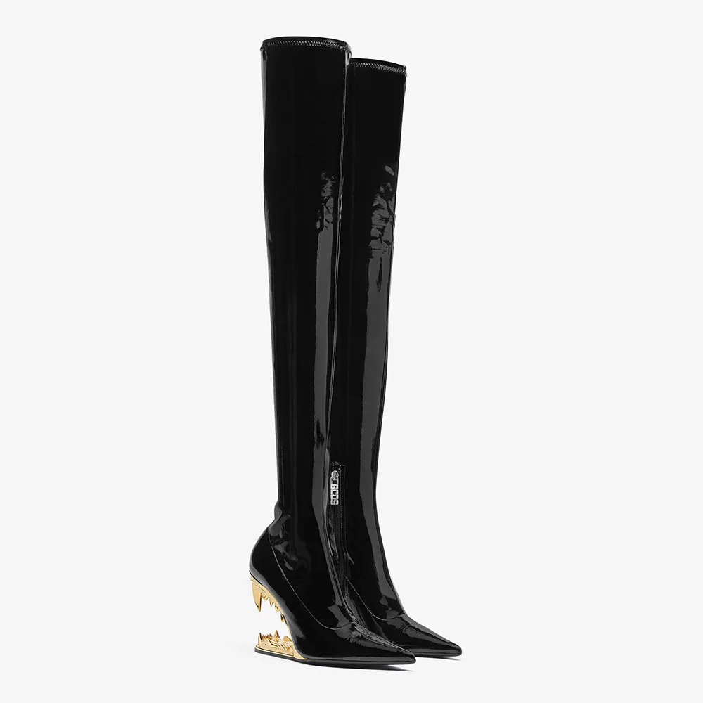 

New European and American Pointed Side Zipper Metal Teeth High Heel Over Knee Boots Shaped Heel Large Women's Boots