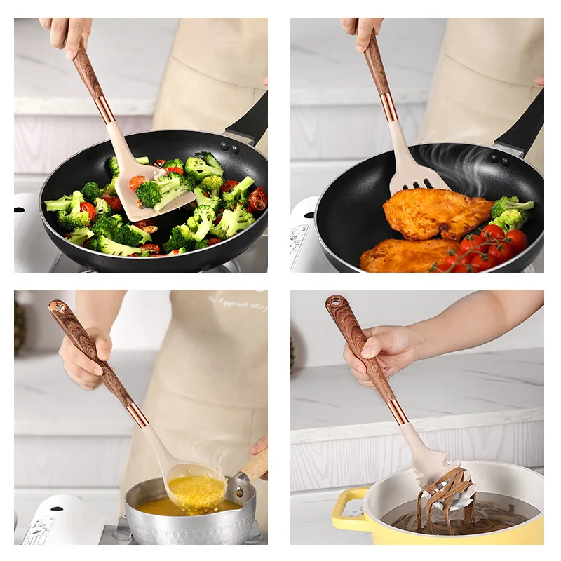 Heat-resistant Covering Handle Kitchenware Utensils Set Silicone Gold-plated Spatula Spoon Scraper Non-Stick Kitchen Cookware