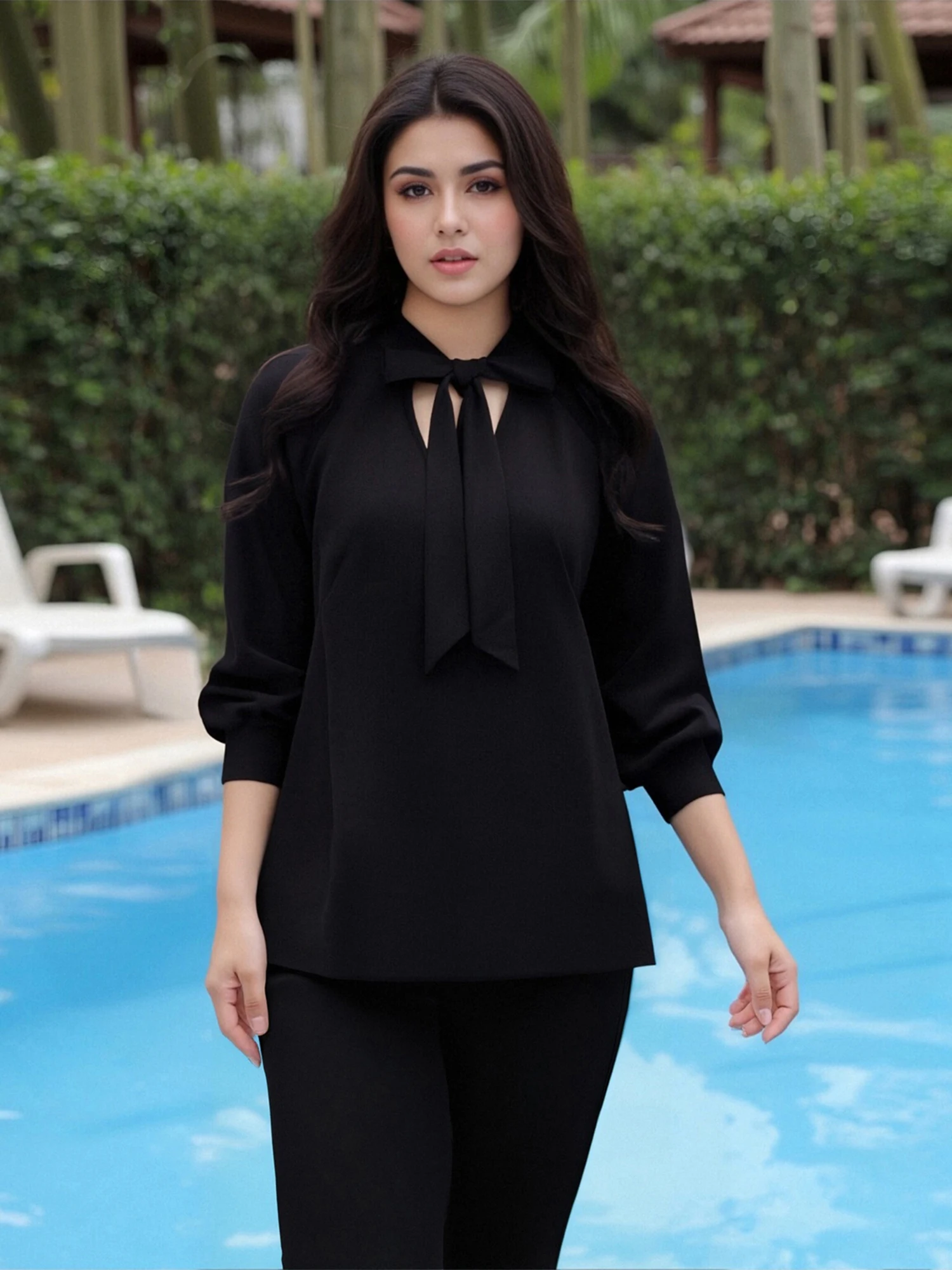 Women s Fashion Long Sleeve Tie-up Loose Solid Color T-shirt for Casual Daily Wear in Autumn Streetwear Style