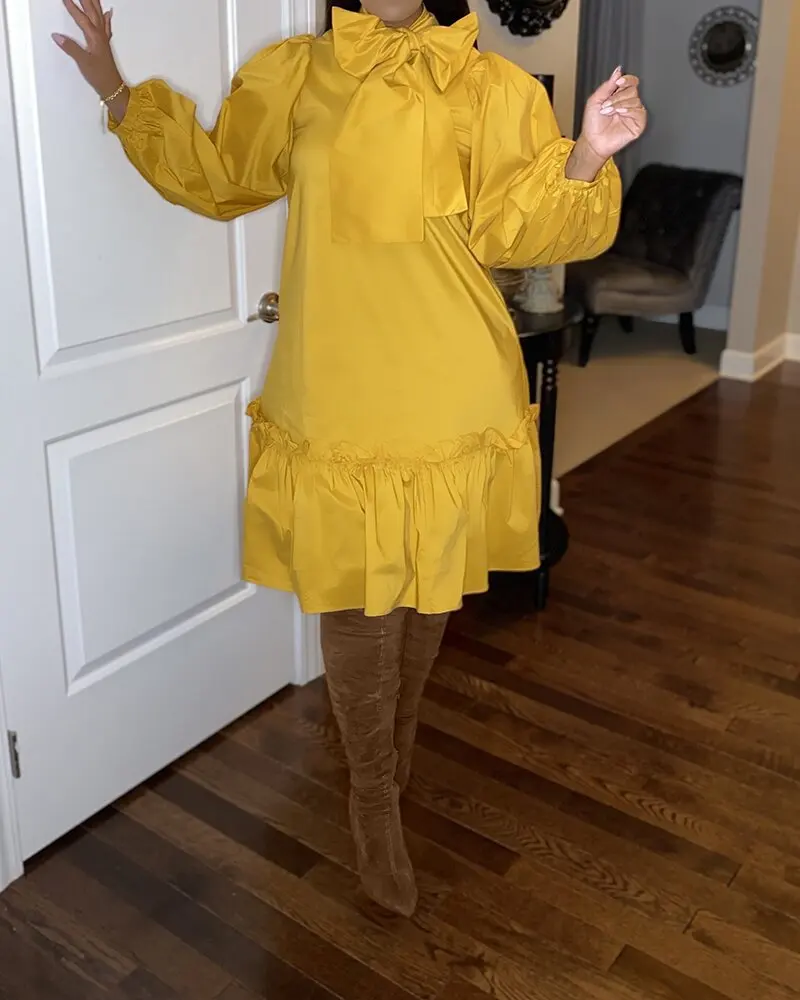 

Woman Dress 2023 New Large Round Neck Tie Bow Lantern Sleeve Loose Large Casual Ruffle Dress Fashion Bow Solid Color Loose Dress