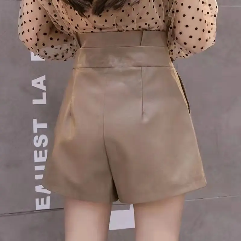 Women's Clothing Korean Simplicity High Waist Sashes Patchwork Shorts New Autumn Winter Loose Fashion Solid Color Leather Pants