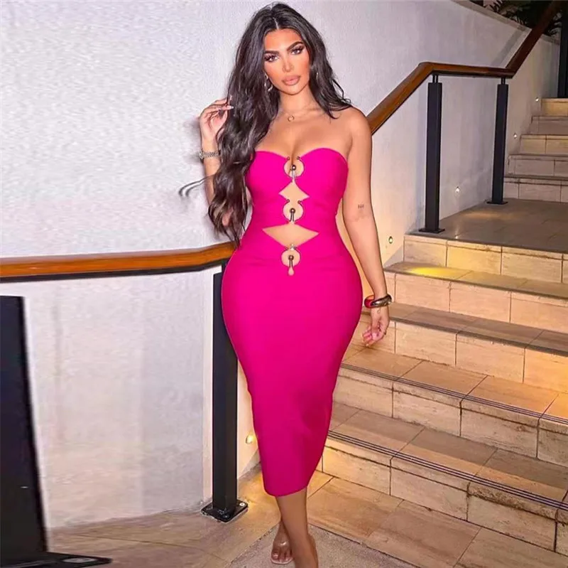 

Sexy Hollow Out Bodycon Women Bandage Dress Off Shoulder Strapless Summer Clothing Celebrity Evening Party Club Wear Outfits