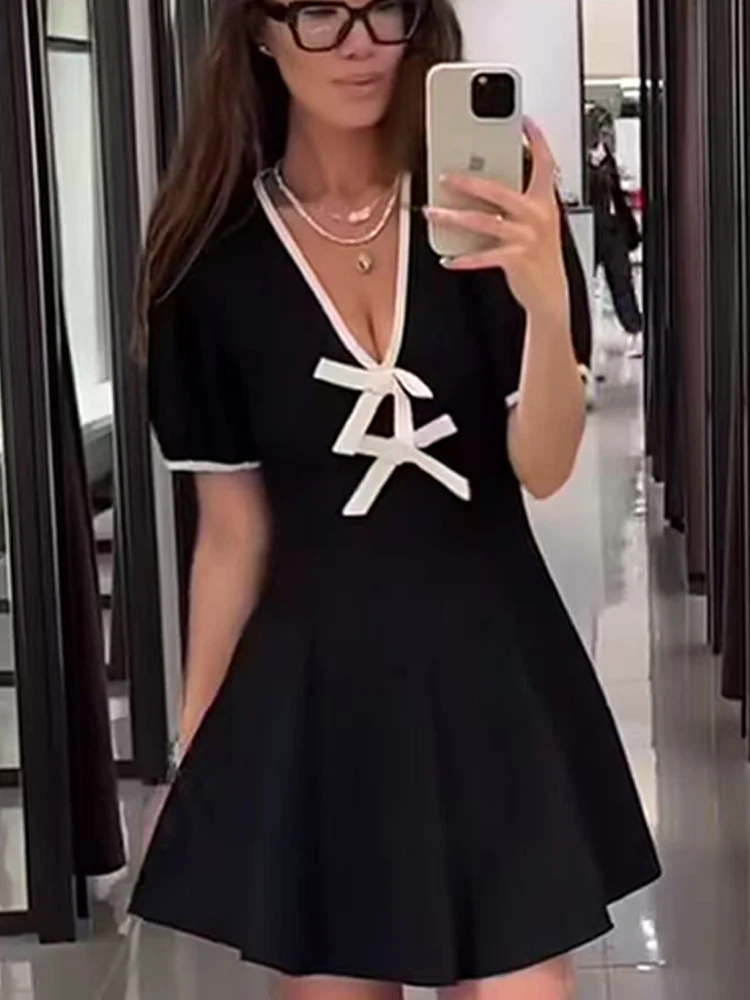 Women's Contrast Bow Short Dress Elegant Puff Short Sleeve V Neck Dress Sexy New Style Female Fashion Party Casual Mini Dress