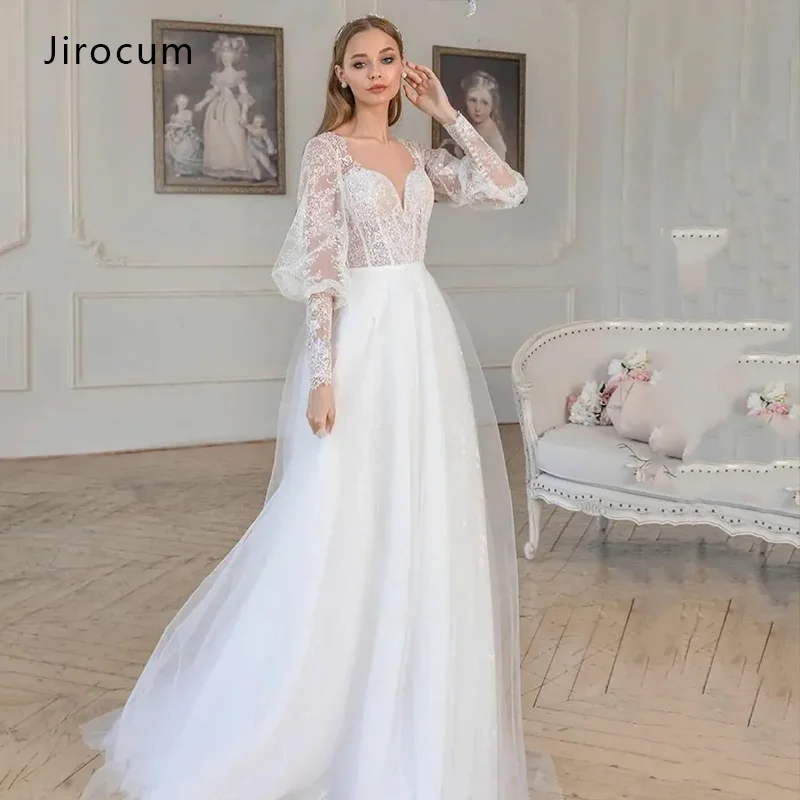 

Jirocum Fantasy Bubble Sleeve A-line Wedding Dress Lace Applique Back Tie Bridal Gown Elegant V-neck Tulle Party Evening Dresses