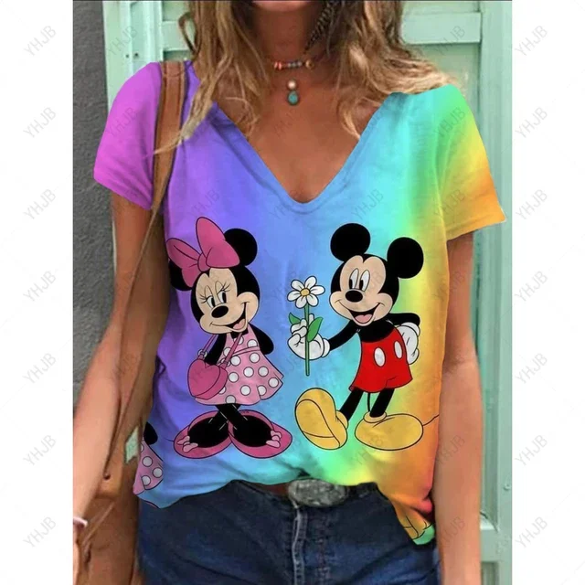 thumbnail image 1 of Camiseta de verano nueva para mujer, blusa de manga corta con cuello en V y estampado de Disney Minnie Mickey Mouse, camisetas de moda de talla grande para mujer, 1 of 5