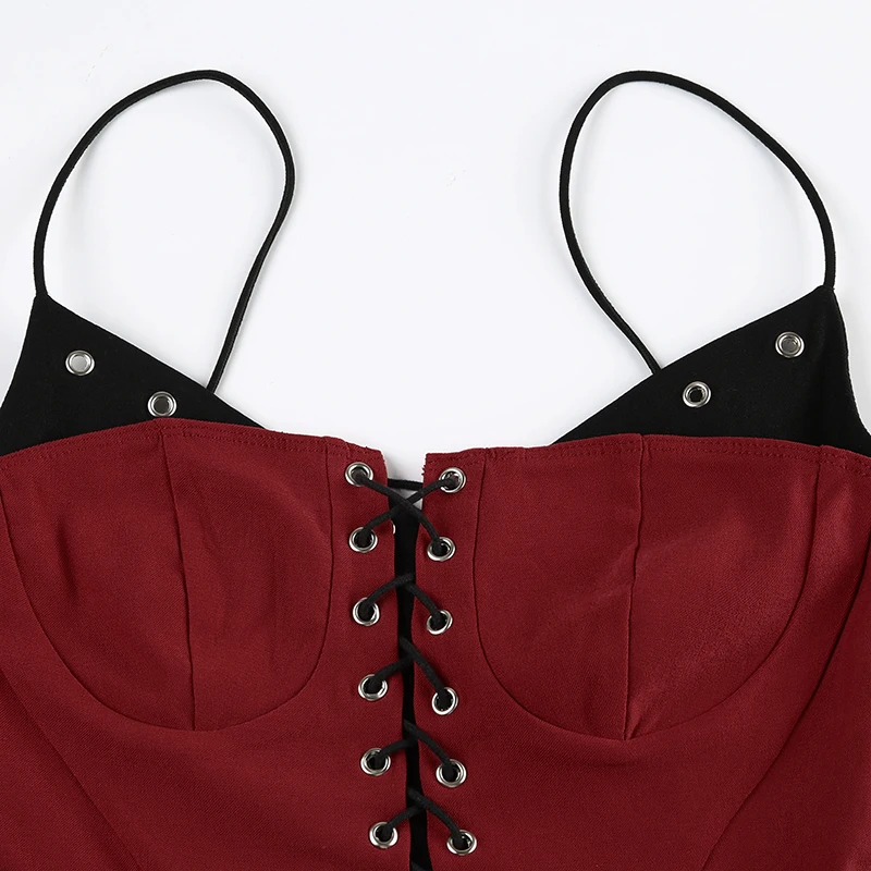 Camisola sexy ajustada con lazo para mujer, con parches en contraste y ojales, estilo retro Y2K, para fiesta y club.