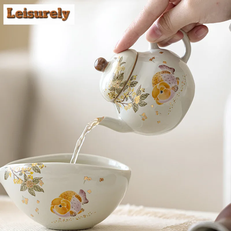 Grass Ash Glaze Gold Osmanthus Fish Ruyi Teapot Japanese Tea Infuser Pot Tea Maker Kettle With Strainer Drinkware Collection
