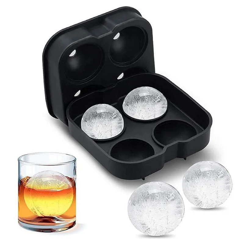 4 Grids Round Ice Cube Trays Silicone Ice Cube Molds for Freezer with Lid Kitchen Bar Reusable Whiskey Mold Ball Moulds