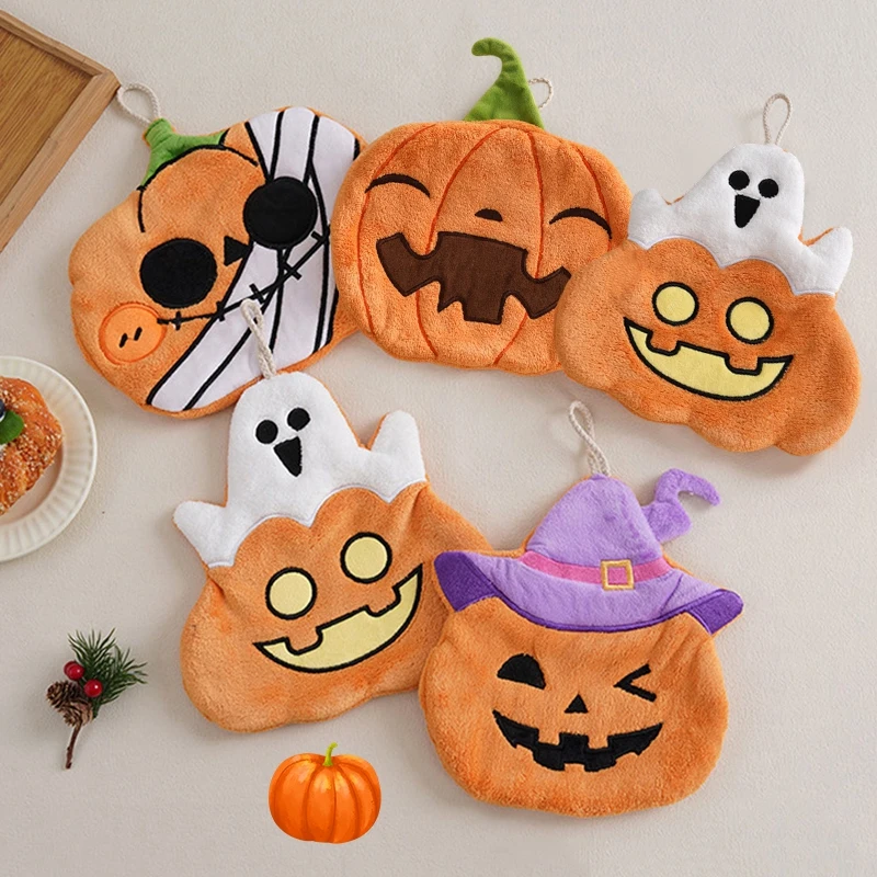 Black Cat Cartoon Hand Towel - Soft & Absorbent Coral Fleece for Kids - Halloween Pumpkin Design for Bathroom & Kitchen Use