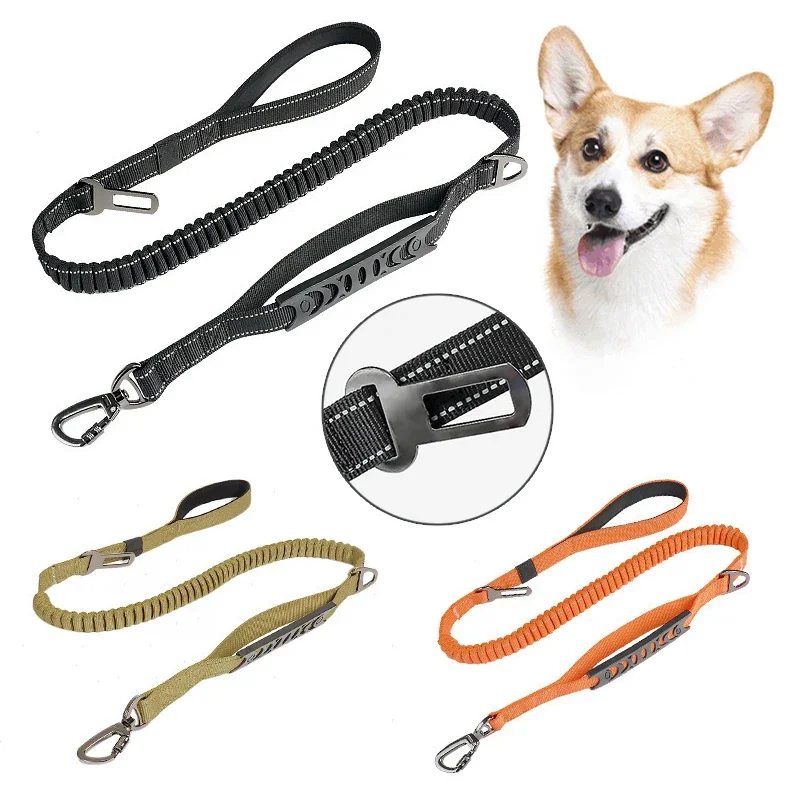 

Reflective Dog Leash Durable Nylon Retractable Leashes with Car Safety Buckle Double Handle Pet Training Walking Traction Rope