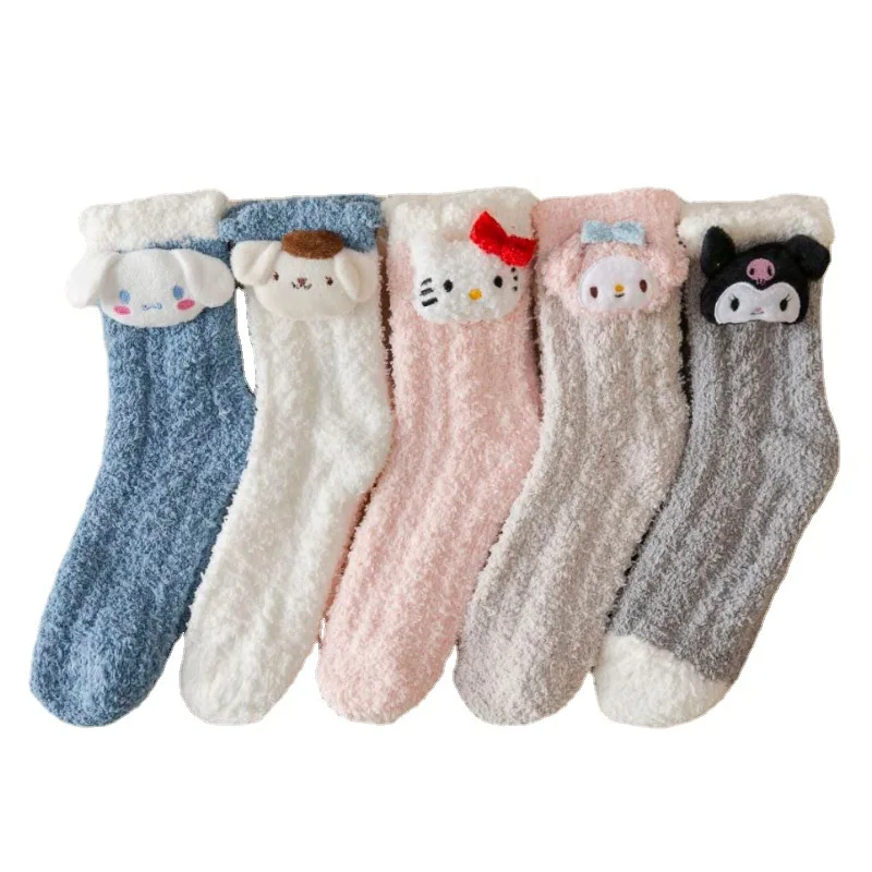 Kawaii Sanrios Cartoon Women Plush Floor Socks Hellokitty My Melody Cinnamoroll  Kuromi Cute Anime Houseware Thickening Girl Gift - AliExpress