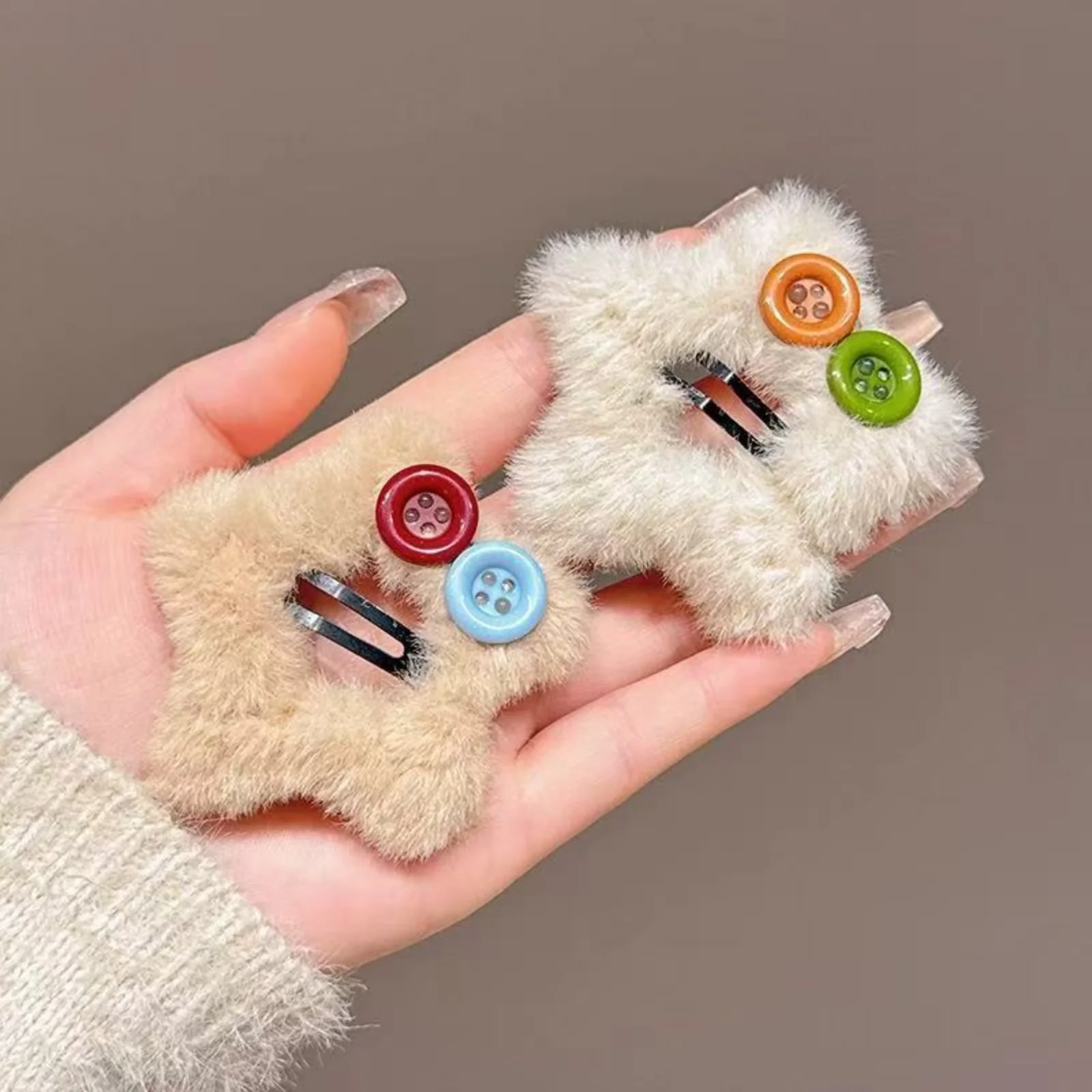 3PCS Fuzzy Bear Shape Hair Clips, Colorful Button Decor Hair Accessories,Soft Fluffy Winter Hair Barrettes,Cute Daily Hair Decor