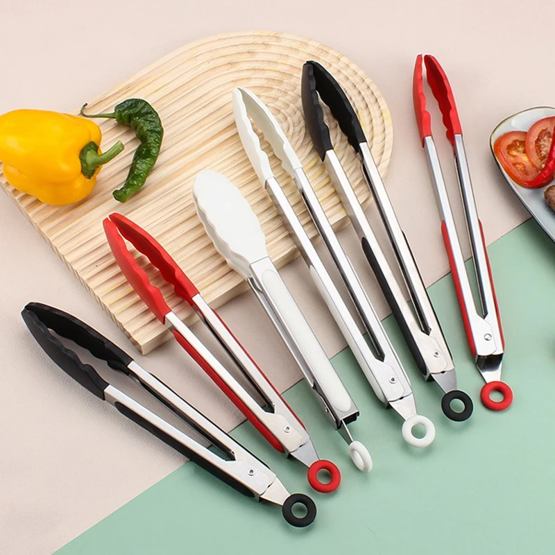 Stainless Steel Cooking Tongs Heat Resistant BBQ Tools Silicone Tips for Salad Grill Accessories Locking Food Tong