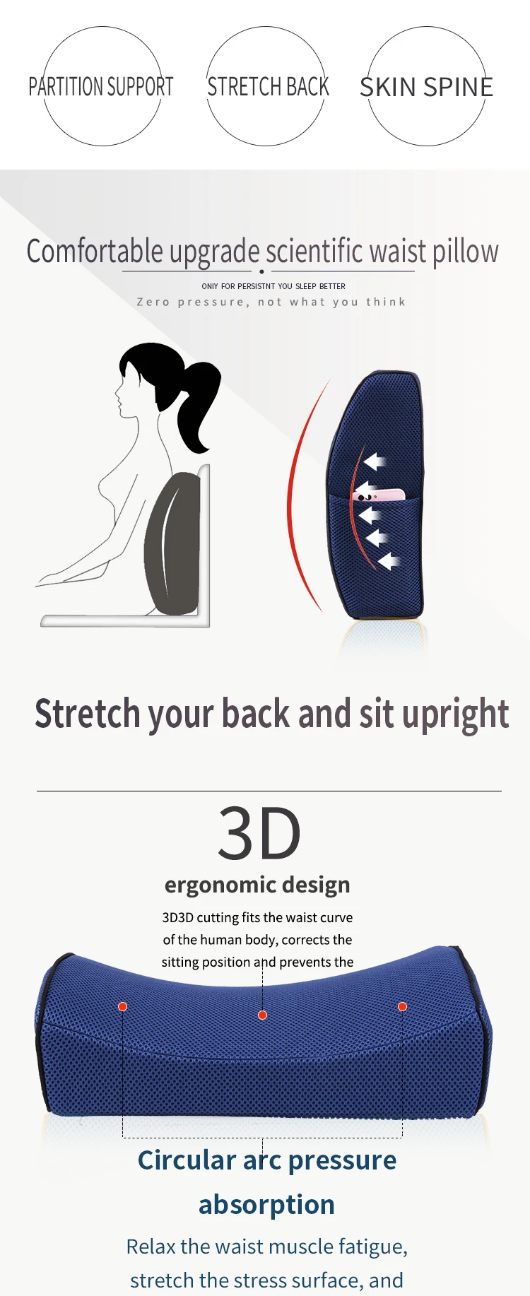 3D Car Lumbar Support Cushion Memory Foam Waist Pillow Soft Cozy Seat Back Cushion For Protect Lumbar Cushion Chair Sofa Office