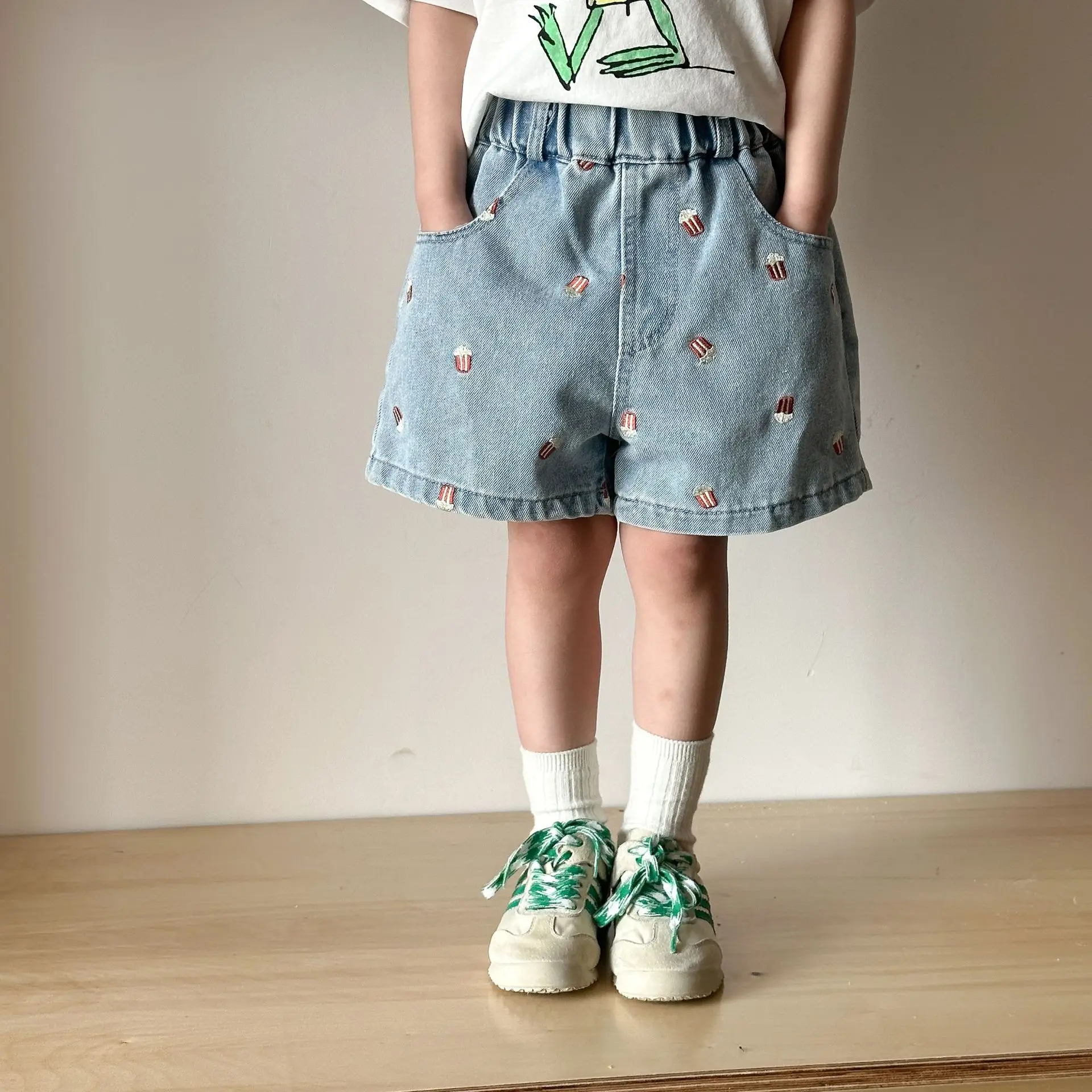Kids Denim Shorts with Popcorn Embroidery for Boys Girls