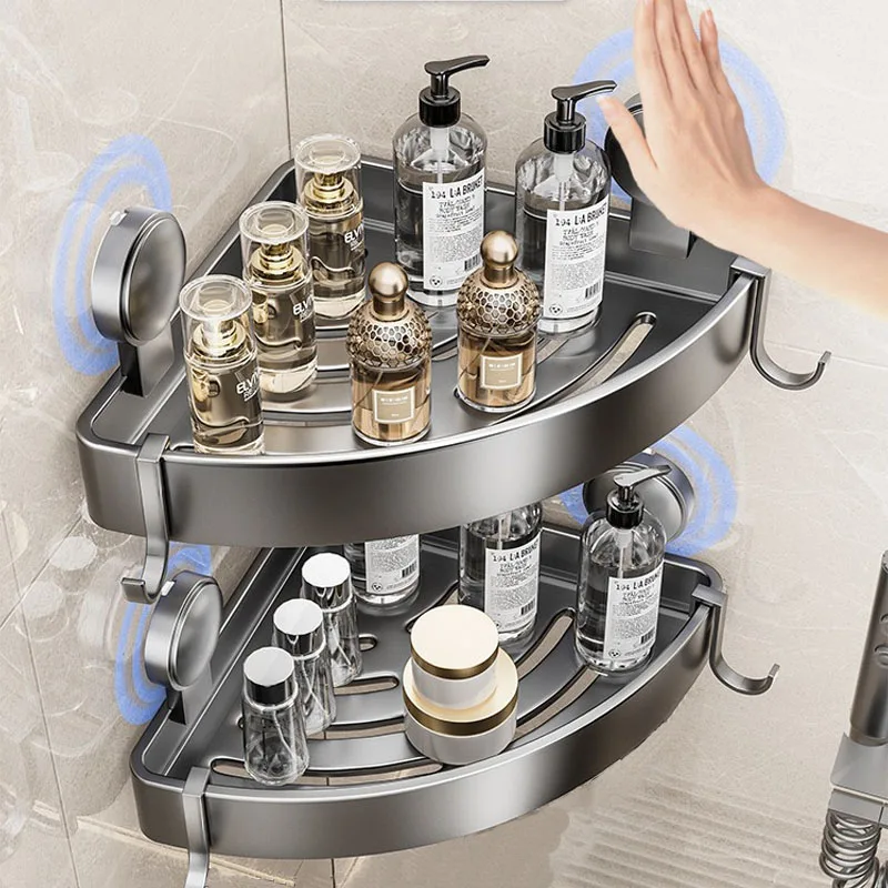 ชั้นวางของในห้องน้ําถ้วยดูดติดผนังชั้นวางเข้ามุมสําหรับอาบน้ําโดยไม่ต้องเจาะอุปกรณ์เสริมฮาร์ดแวร์ FIXTURE Home 1