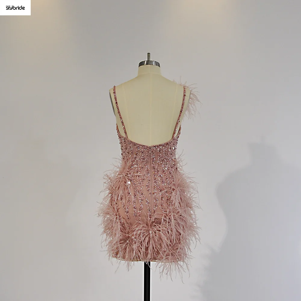 YYbride Newest Pink Feathers Beading Crystals V-neck Backless Sexy Young Girls Mini Cocktail Dresses