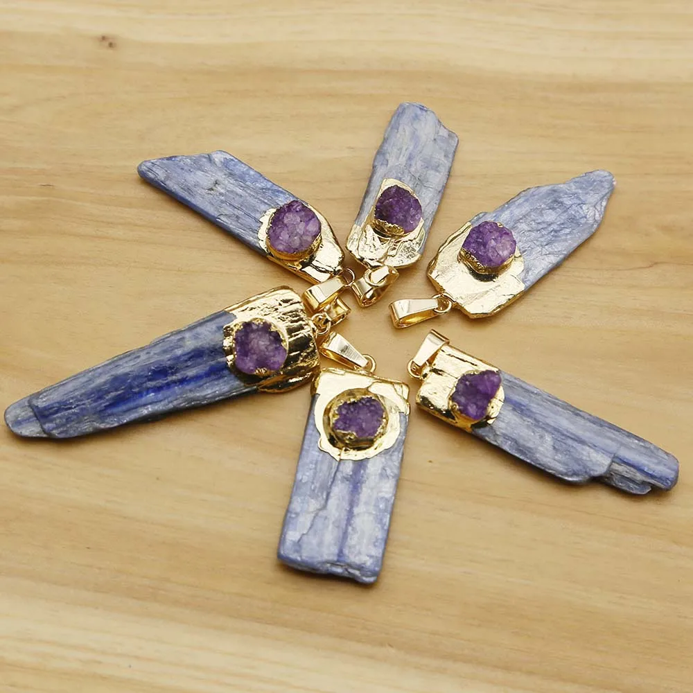 Natural Raw Stone Irregular Purple Agate Blue Crystal Strip Pendant Necklace Reiki Charms DIY Jewelry Accessories Wholesale 8Pcs