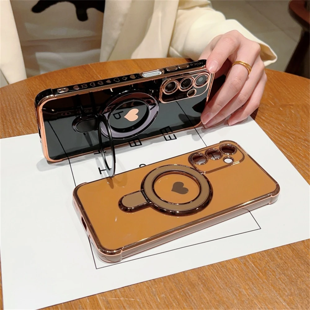 Magnetic Plating Heart Stand Phone Case For Samsung Galaxy Series_voghion.com
