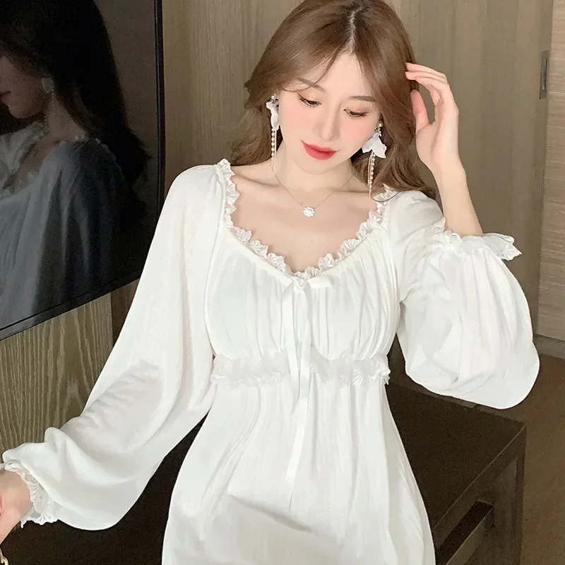 

Ночная рубашка для длинной ночной рубашки с большим рукавом ночная рубашка хлопковая новая рубашка свободного размера белая женская ночная сорочка