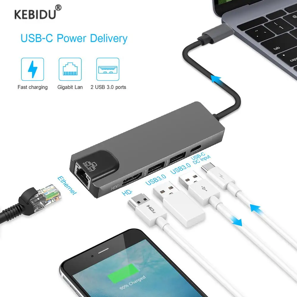 Hub Usb C Kebidu 4K A Gigabit Ethernet Rj45 Lan 5 In 1 Adattatore Hub Usb Tipo C Per Caricabatterie Mac Book Pro Thunderbolt 3 Usb-C Pd