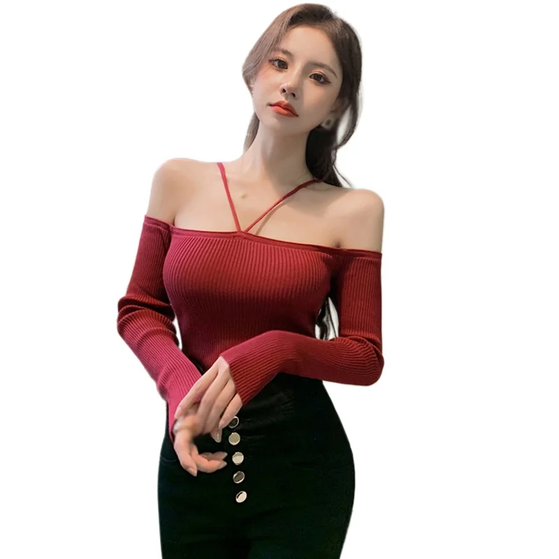 섹시한 여성 캐주얼 블라우스, 오프 숄더 티, 오프 숄더 슬림 긴 소매 핏 티셔츠