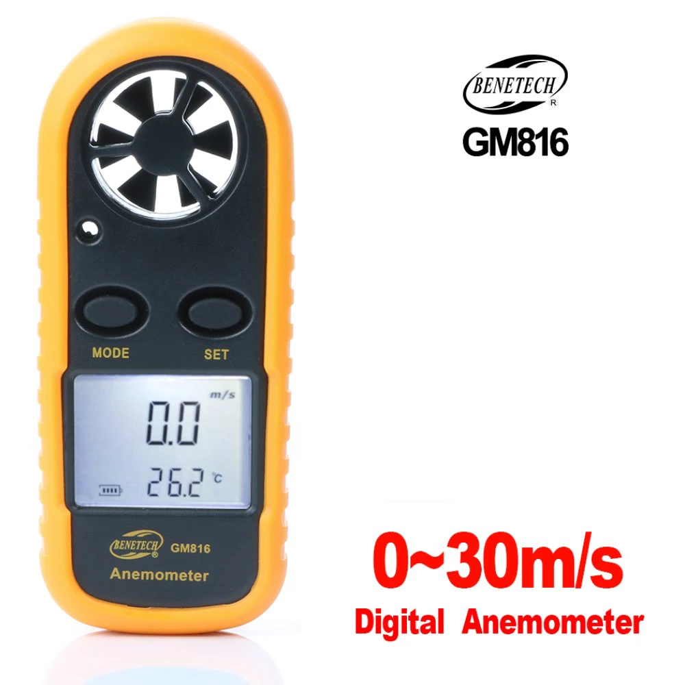 GM816 Anemometer Wind Speed Mini Air Velocity Airflow Temperature with Digital Anemometro LCD Backlight Wind Speed Meter 0-30m/S tree height measurement tool Measurement & Analysis Tools