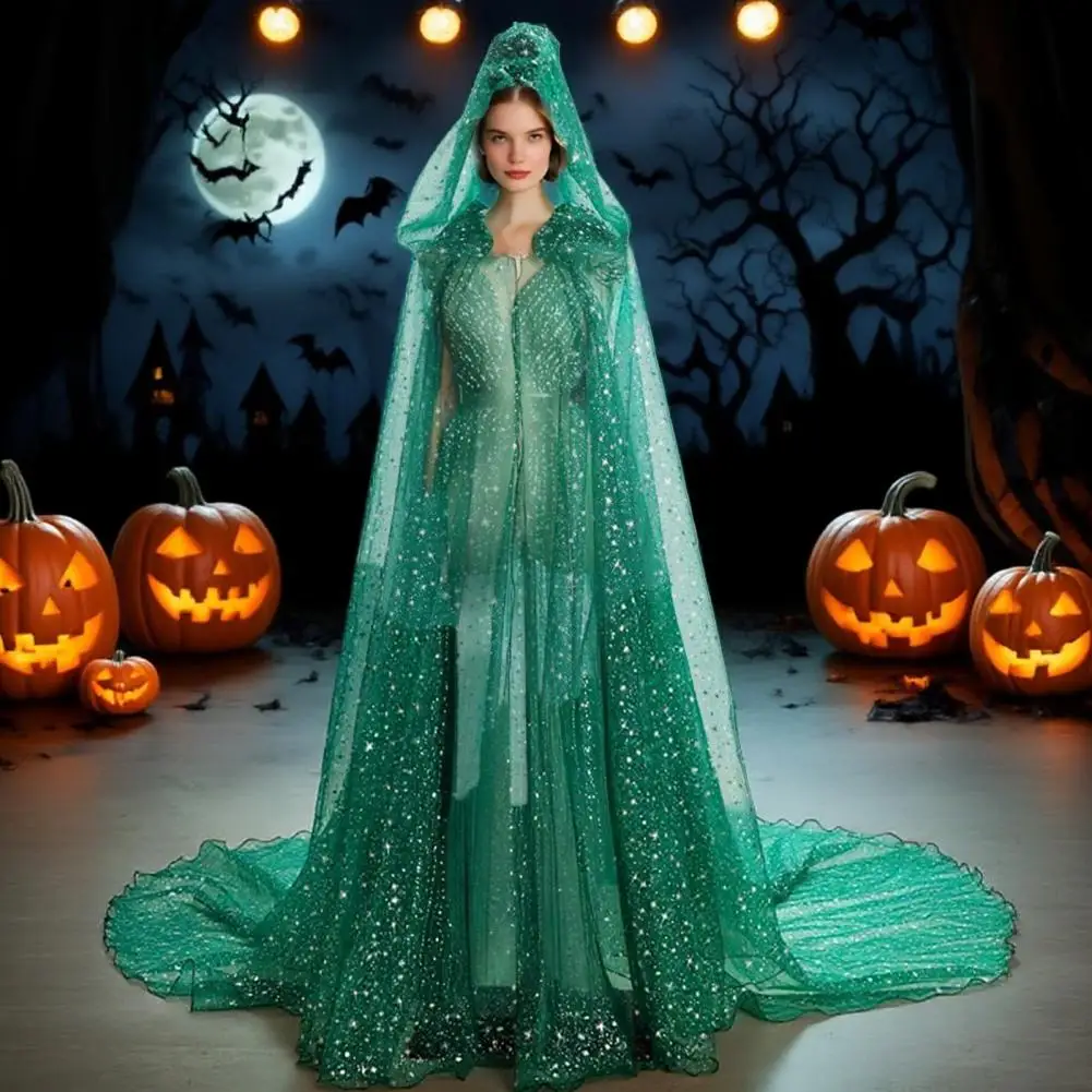 Capa De Elfo Negra Con Capucha Y Tul Transparente – Larga, De Poliéster, Para Halloween, Bodas Góticas O Cosplay Vampiro