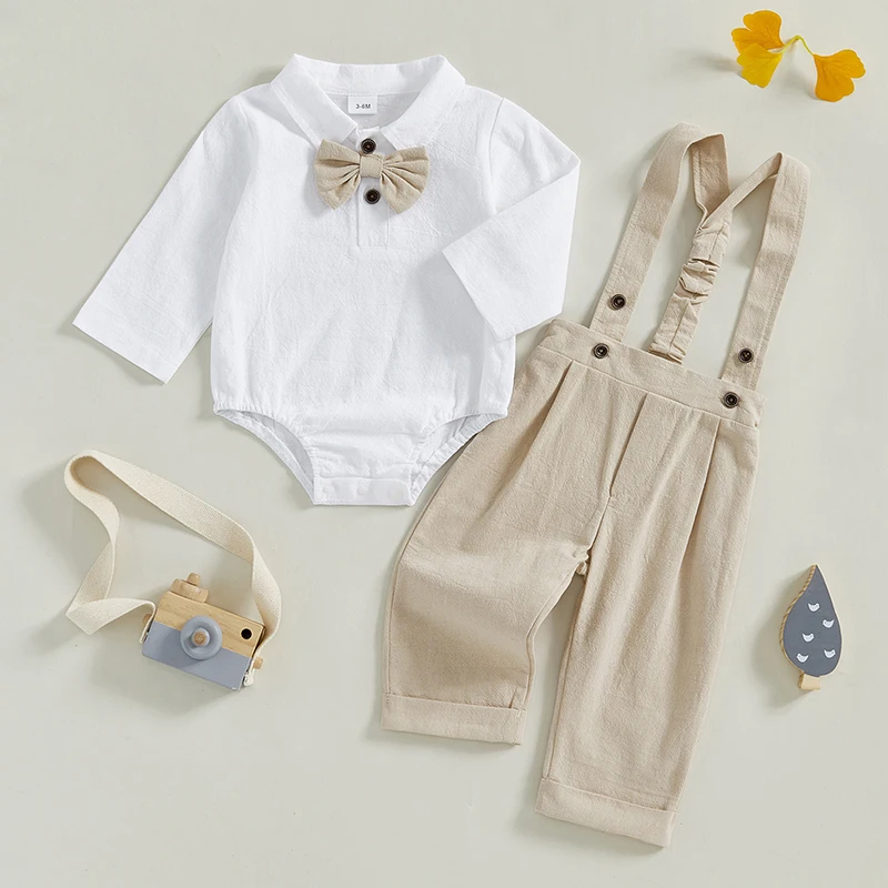 Baby Boy Gentleman Outfit Autumn Lapel Neck Long Sleeve Romper with Bowtie Elastic Waist Suspender Pants for Wedding Stage