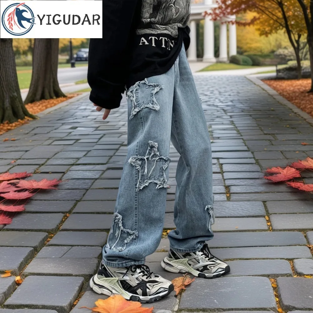 

Custom High Street Jeans Star Embroidery Patchwork Distressed Pant and Hoodie Kit Slim Fit Patch stylish Denim pants