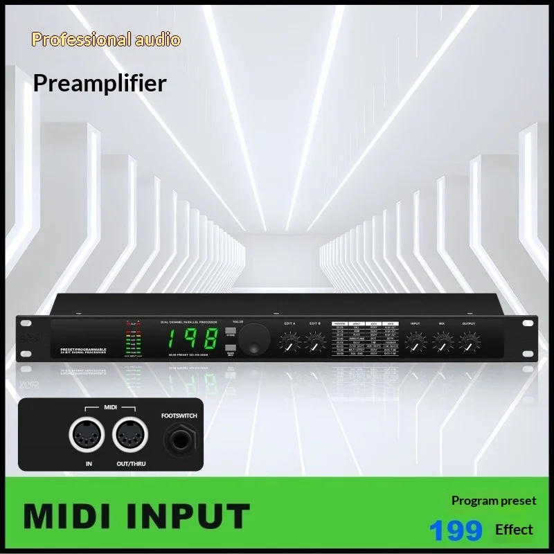 디지털 프론트엔드 이펙트 프로세서 - 199개 프리셋(99+100 사용자), 듀얼 채널 DSP(리버브, 딜레이, 코러스 포함) 스테이지, KTV, 바용
