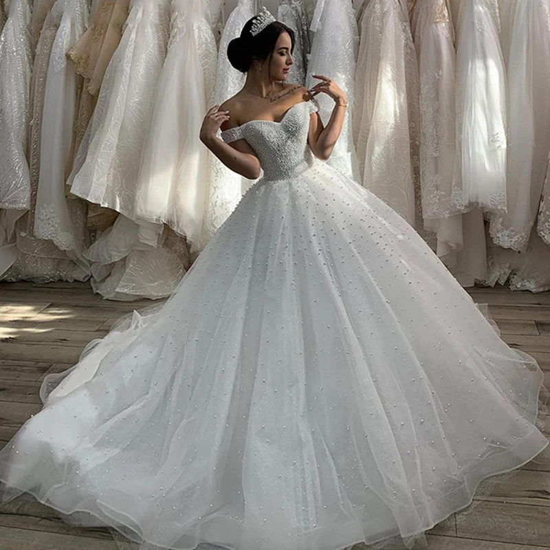 

Princess Sweetheart Wedding Dress With Pearls Elegant Off Shoulder Dubai Lebanon Tulle Bridal Gowns Robe De Mariage